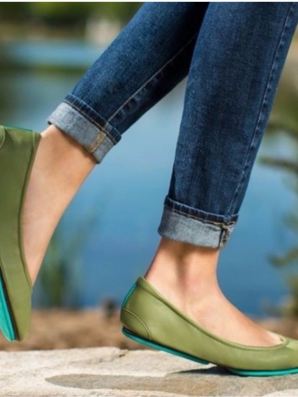 Tieks Olive Green Ballet Flats with Teal Soles